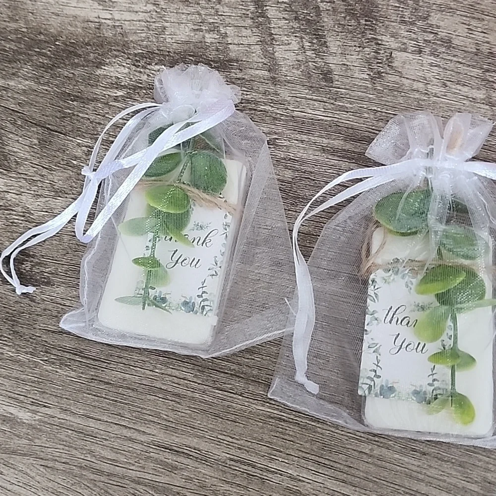 28 Favors Elegant White Organza Gift Bags With Bars Of Soap, Fake Green, Thank Y